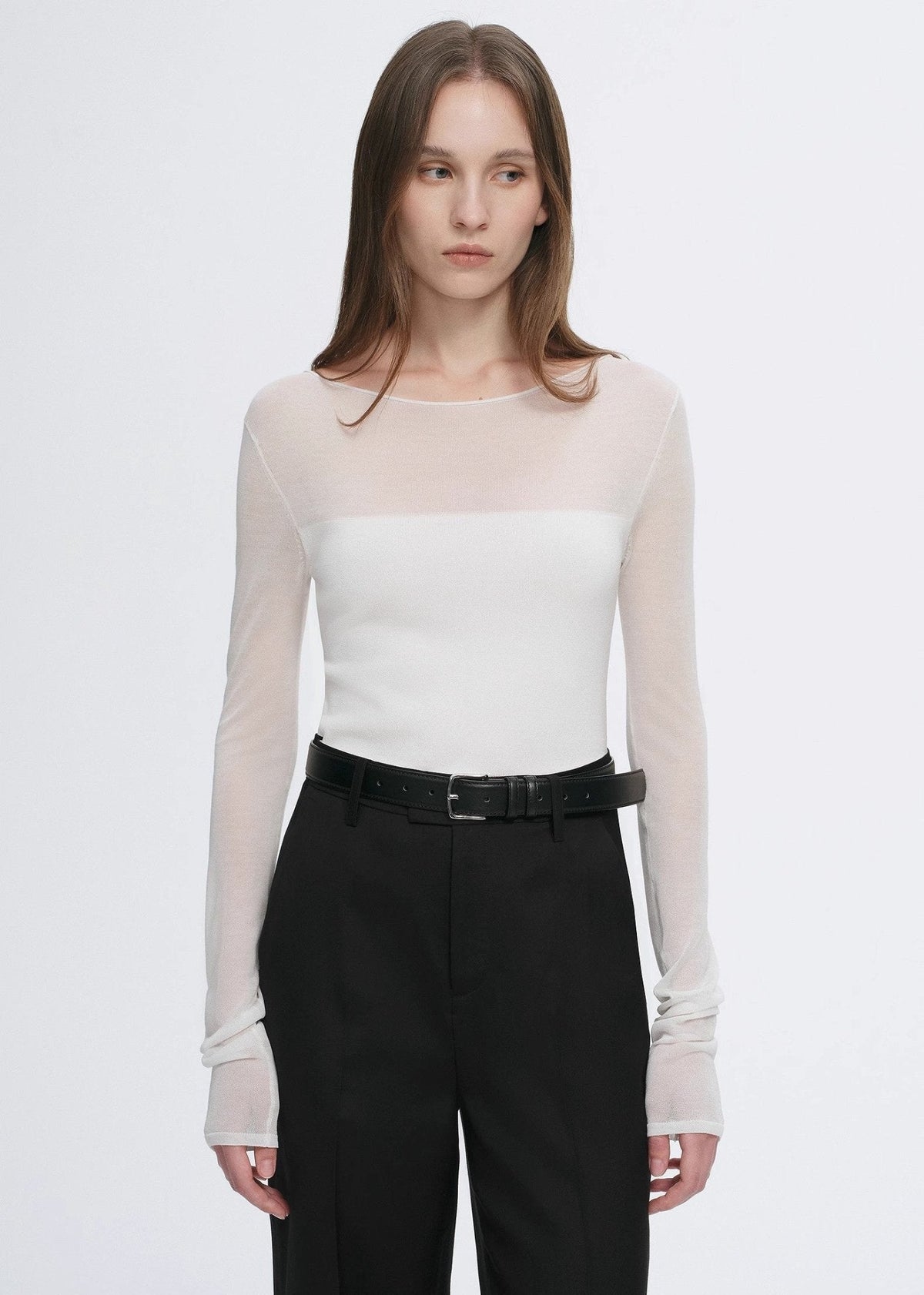 Transparentes Patchwork-Langarmshirt aus Acetat-Tencel-Mix, schmal geschnitten für Damen