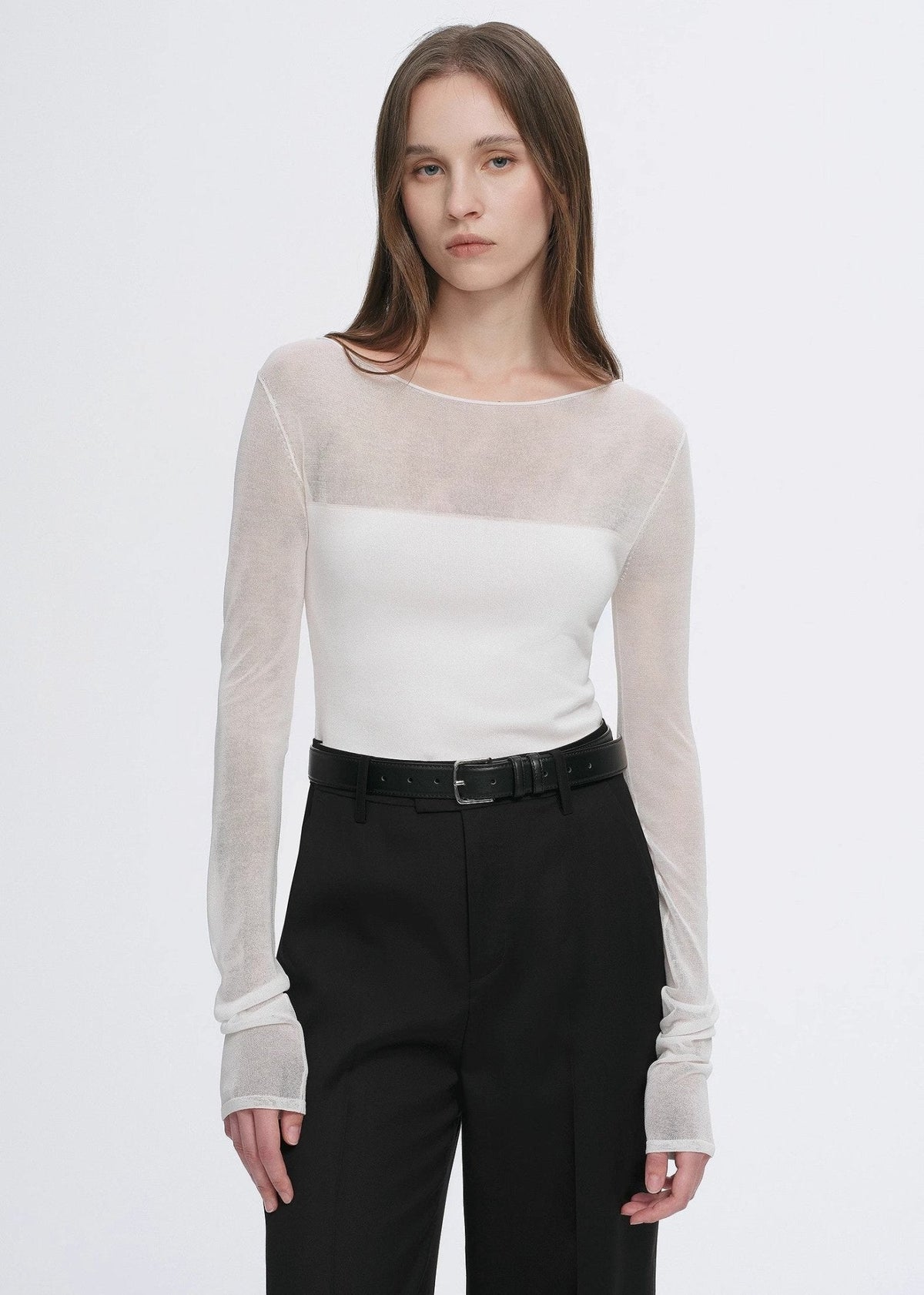Transparentes Patchwork-Langarmshirt aus Acetat-Tencel-Mix, schmal geschnitten für Damen