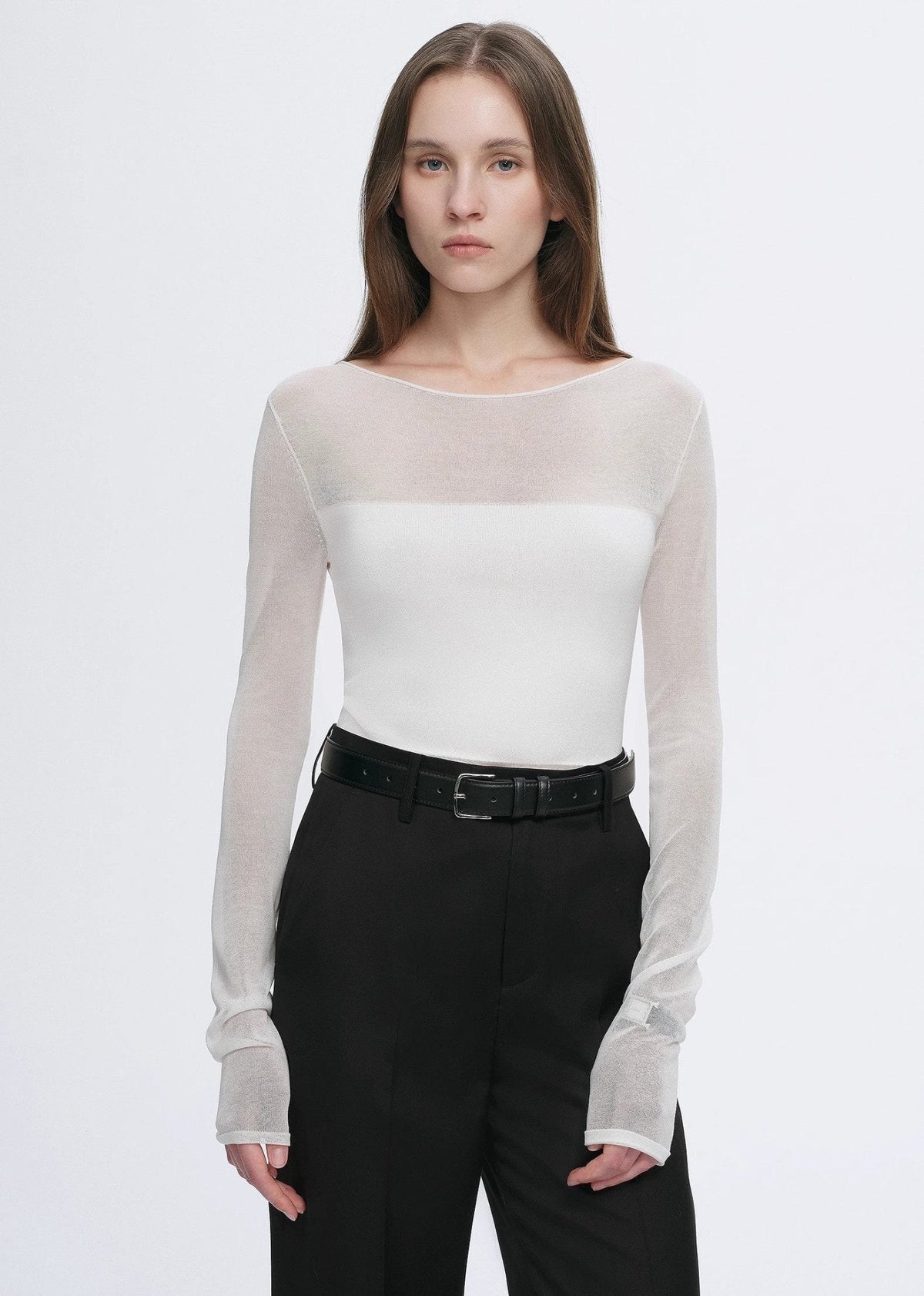 Transparentes Patchwork-Langarmshirt aus Acetat-Tencel-Mix, schmal geschnitten für Damen