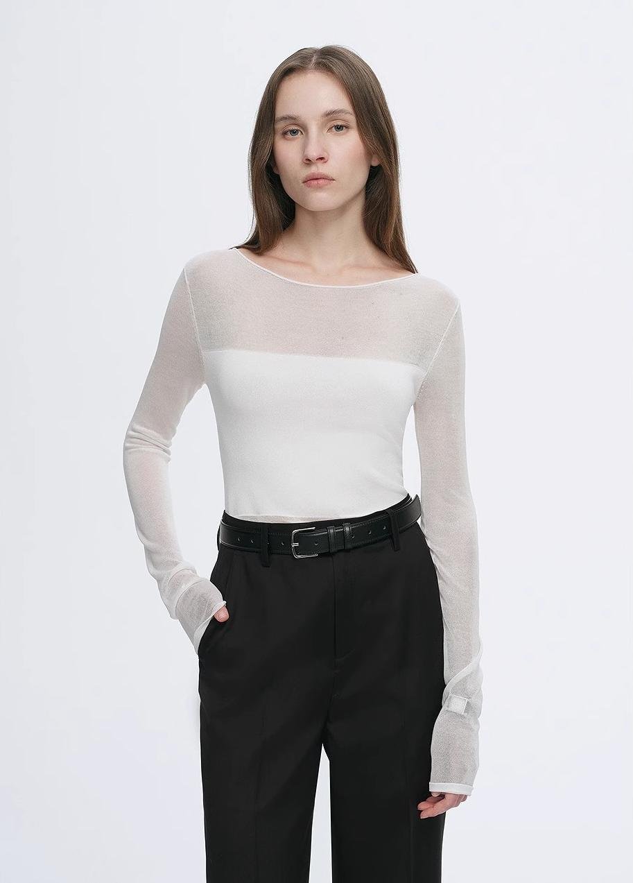 Transparentes Patchwork-Langarmshirt aus Acetat-Tencel-Mix, schmal geschnitten für Damen