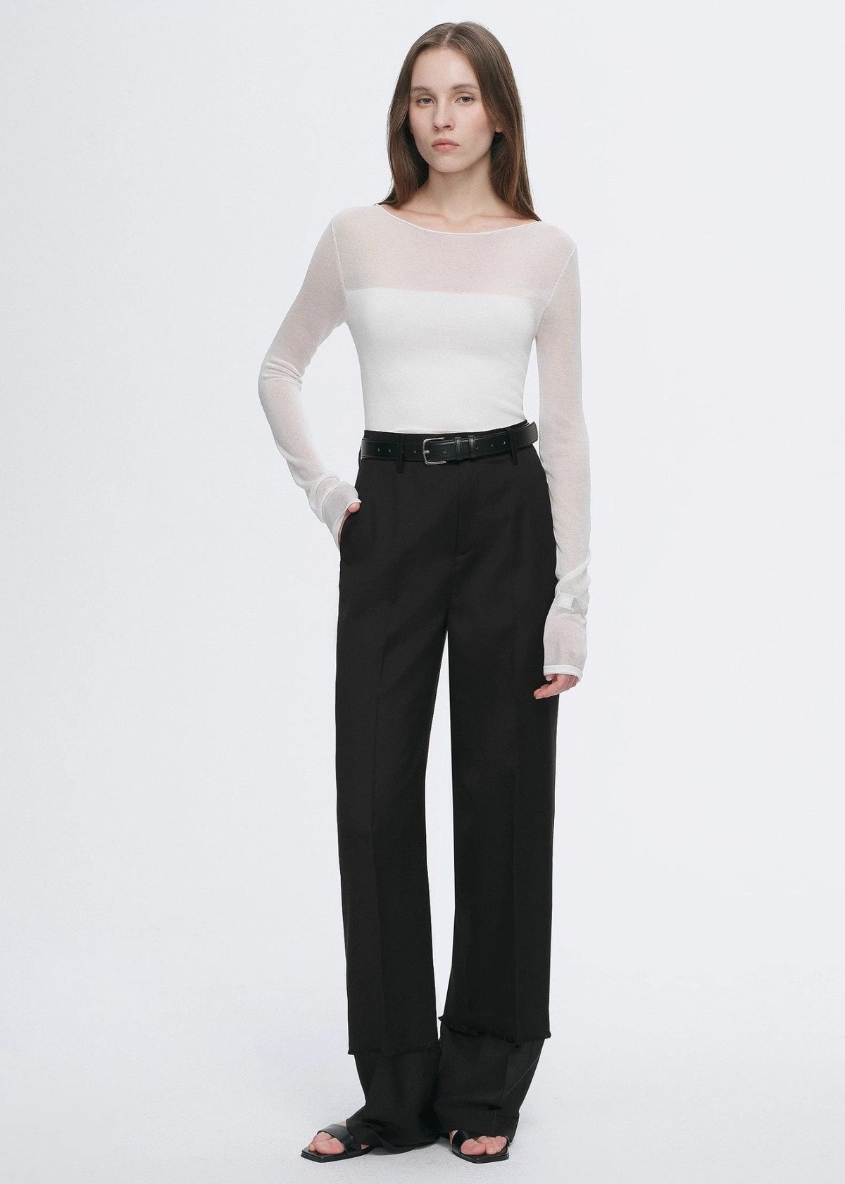 Transparentes Patchwork-Langarmshirt aus Acetat-Tencel-Mix, schmal geschnitten für Damen
