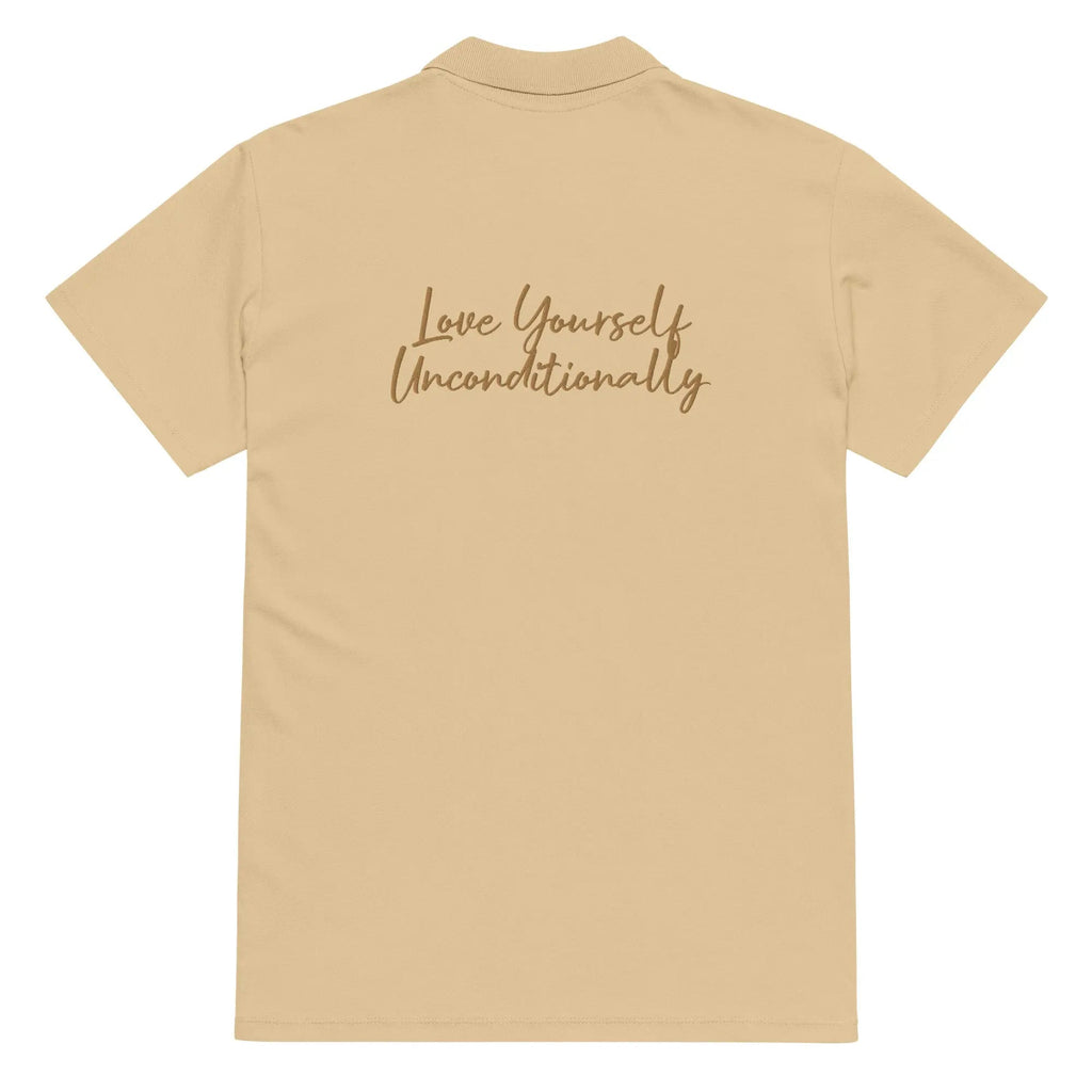 Self Love Premium Piqué-Poloshirt mit altgoldener Stickerei