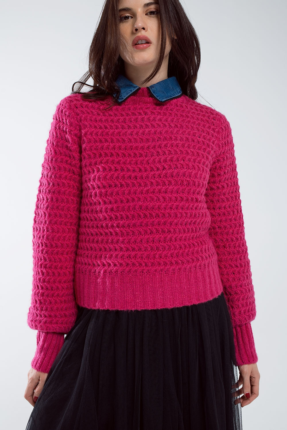 Waffle Knit Relaxed Jumper With High Neck in Red