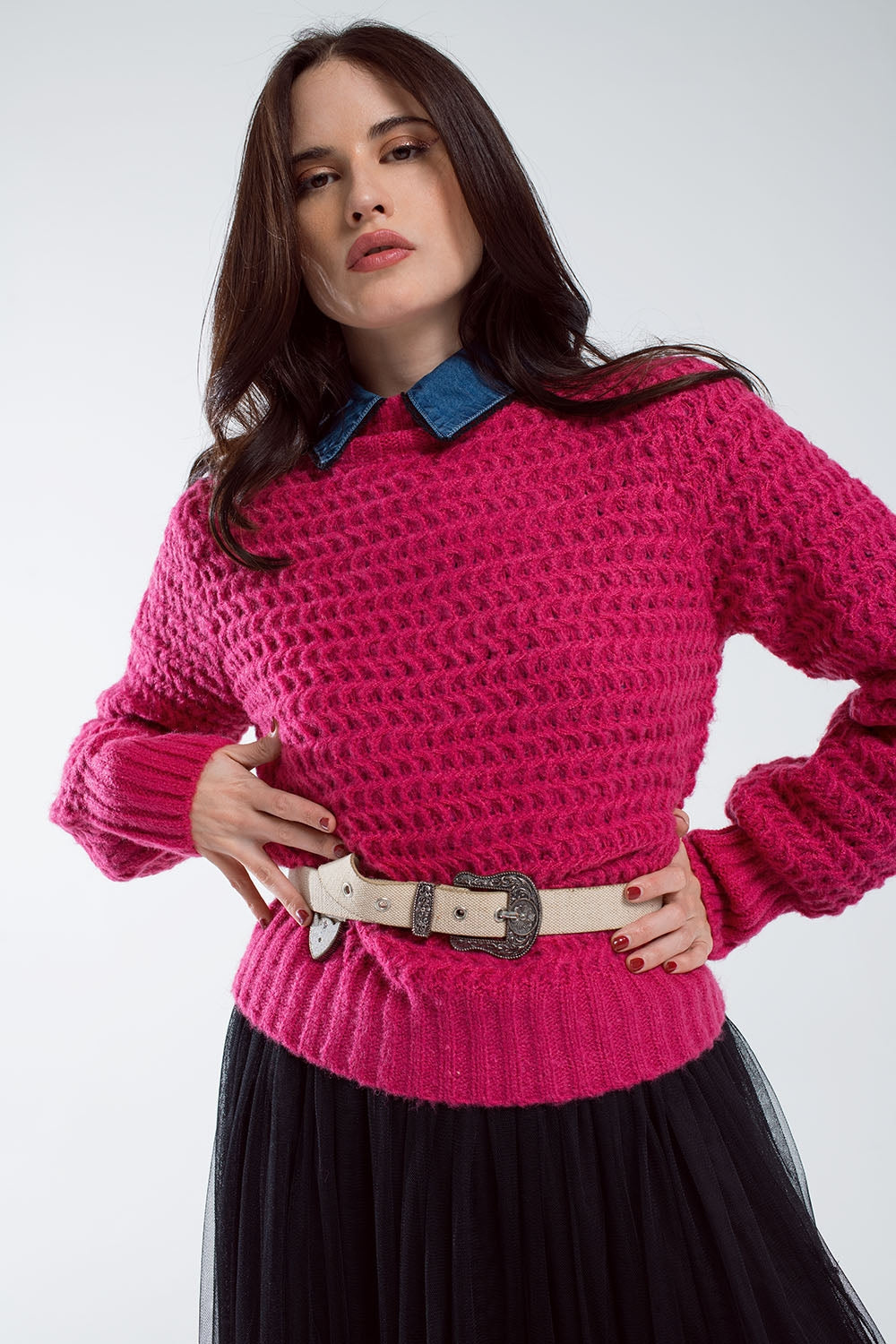 Waffle Knit Relaxed Jumper With High Neck in Red