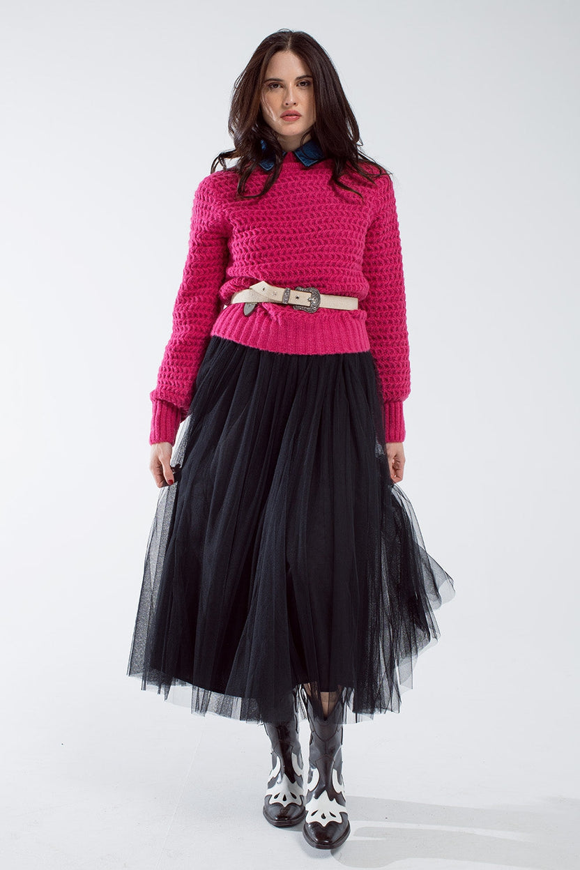 Waffle Knit Relaxed Jumper With High Neck in Red