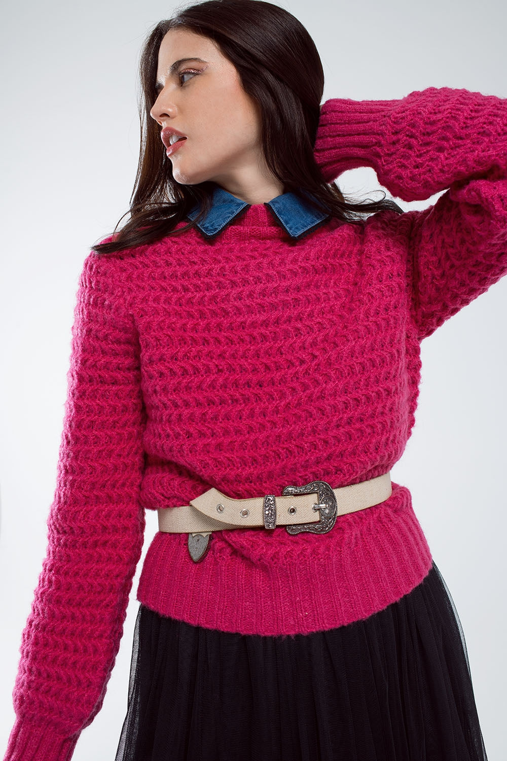 Waffle Knit Relaxed Jumper With High Neck in Red