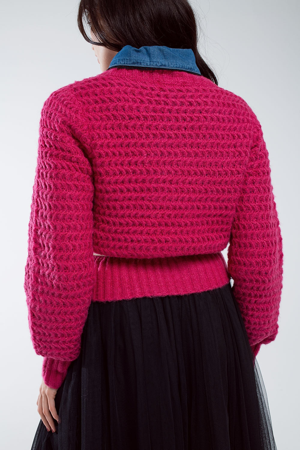 Waffle Knit Relaxed Jumper With High Neck in Red
