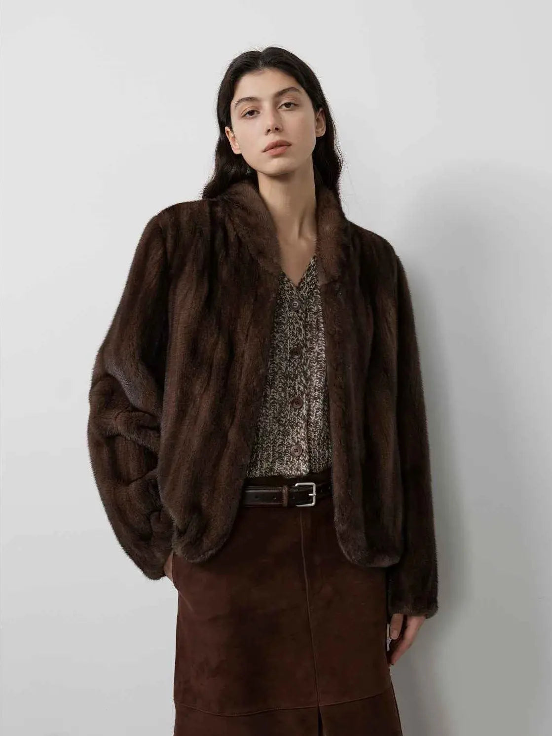 Warm Coffee Mink Retro Imported Stand Collar Short Mink Fur Coat