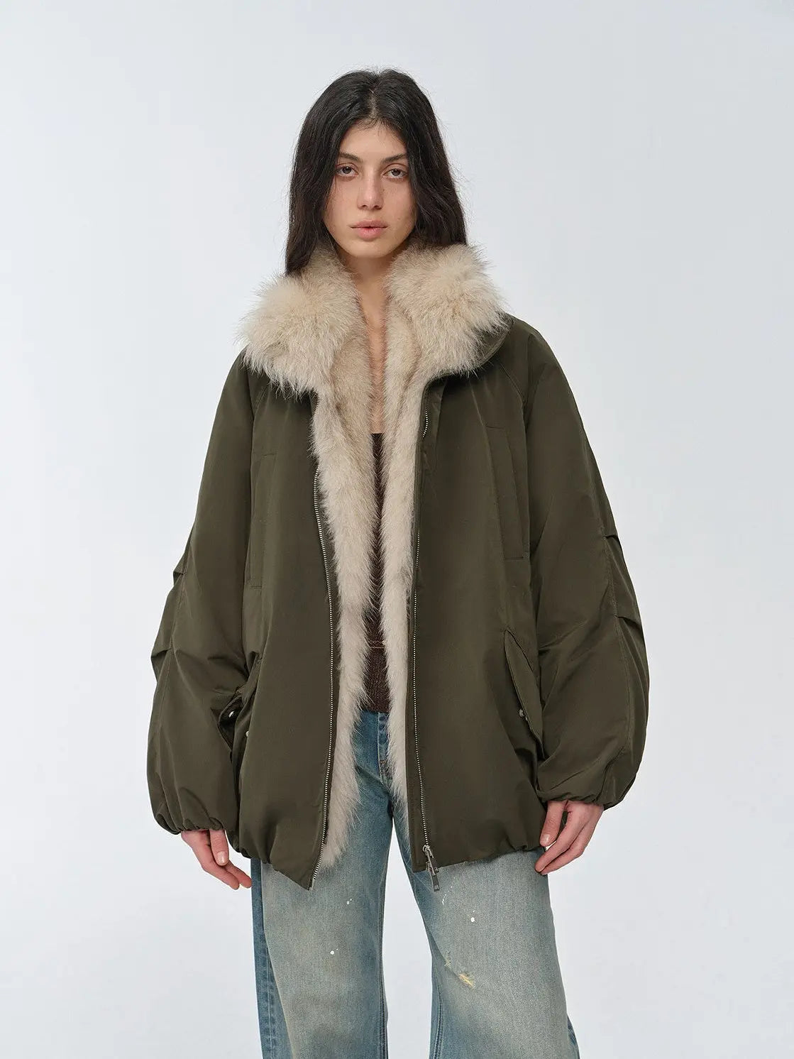 Fireladyfur Women's Mid-Length Two-Tone Fox Fur Down Jacket"Warm Dialogue"