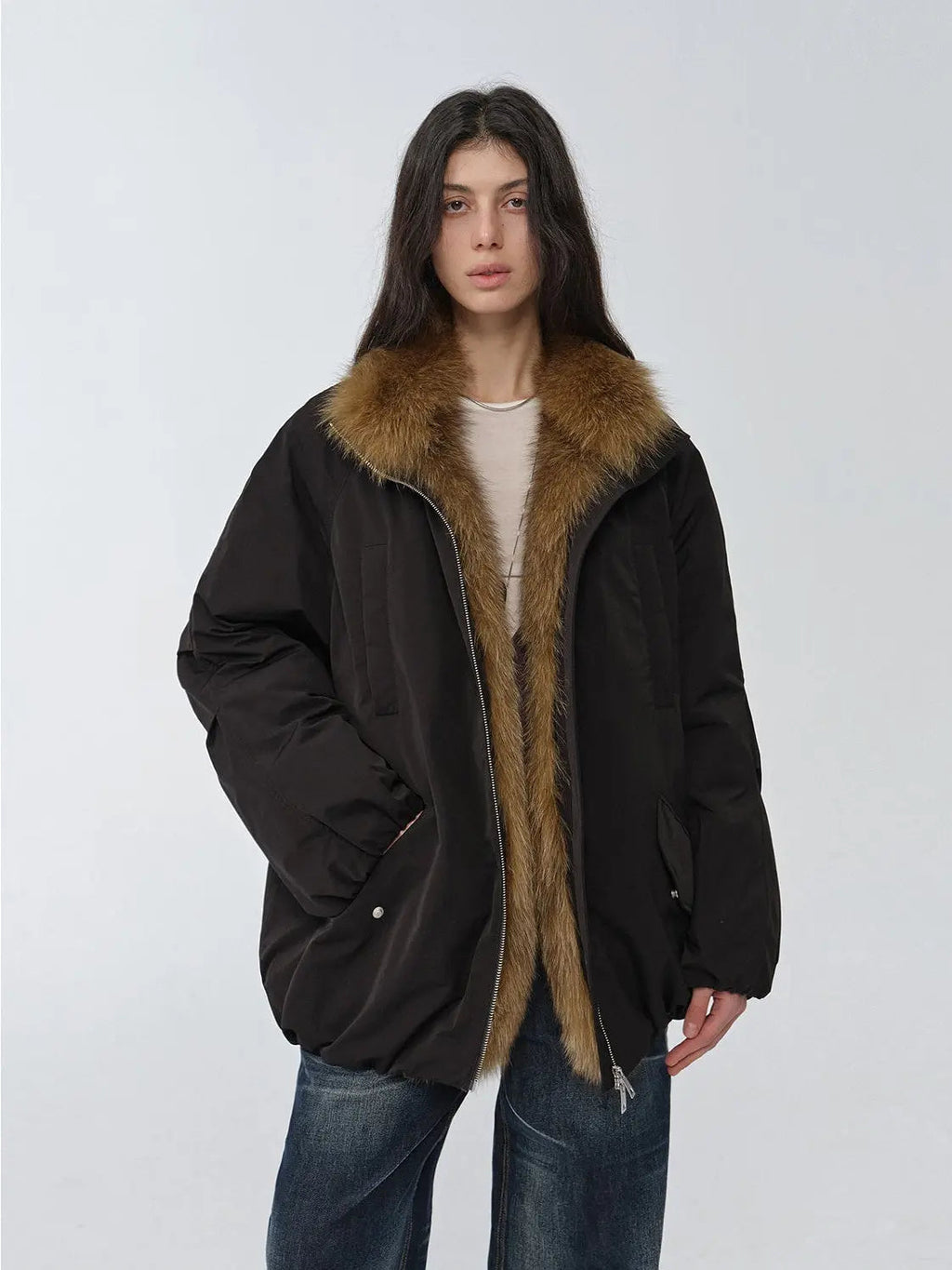 Fireladyfur Women's Mid-Length Two-Tone Fox Fur Down Jacket"Warm Dialogue"