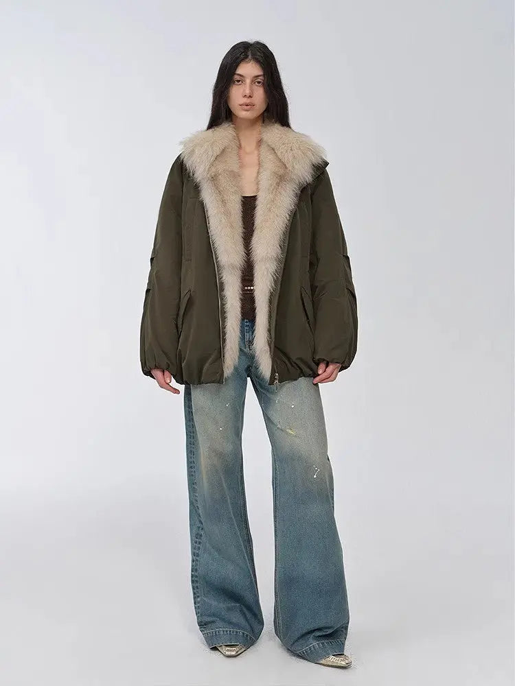 Fireladyfur Women's Mid-Length Two-Tone Fox Fur Down Jacket"Warm Dialogue"