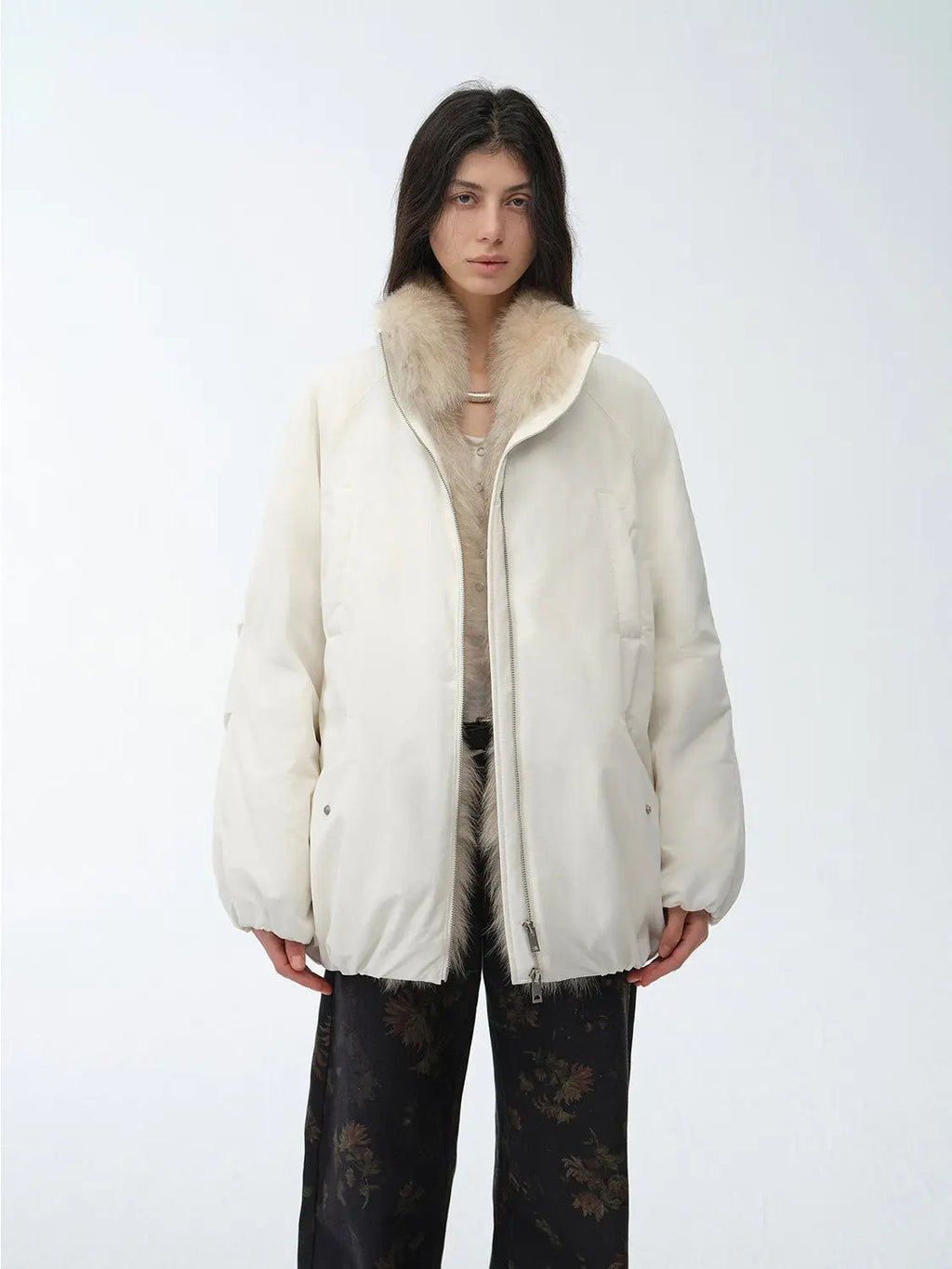 Fireladyfur Women's Mid-Length Two-Tone Fox Fur Down Jacket"Warm Dialogue"
