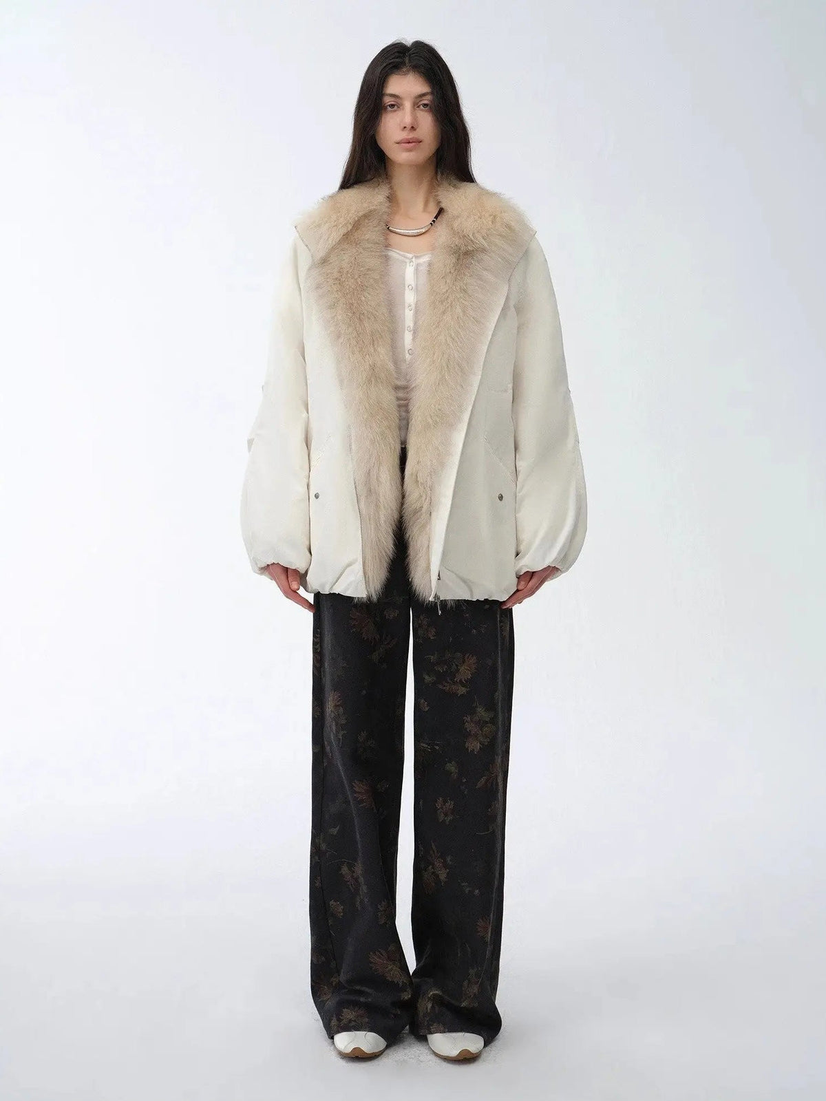 Fireladyfur Women's Mid-Length Two-Tone Fox Fur Down Jacket"Warm Dialogue"