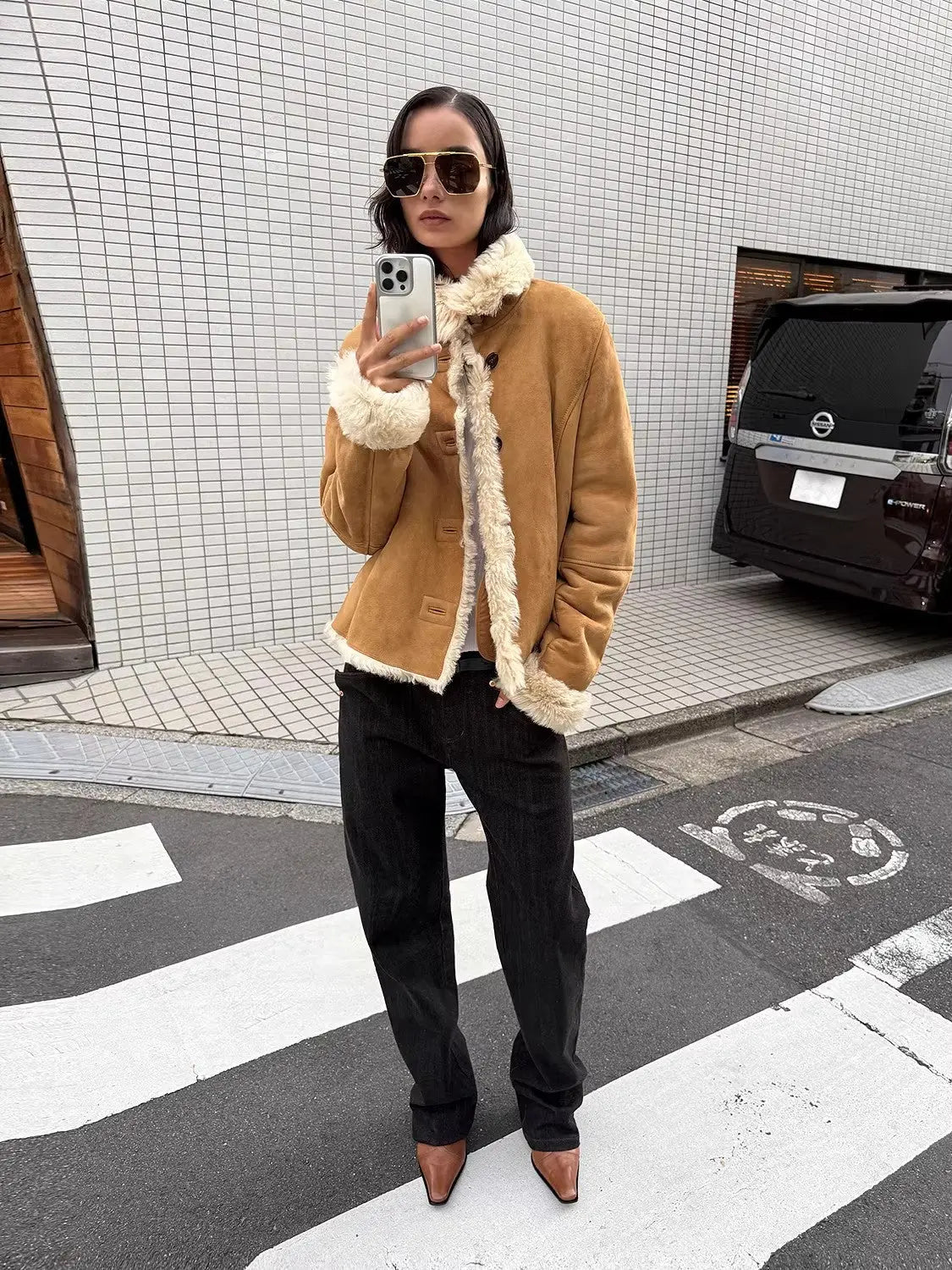 Firelady Fur Women’s Shearling Coat Crafted With Italian Contrast Suede & Toscana Shearling“Winter Mochi”