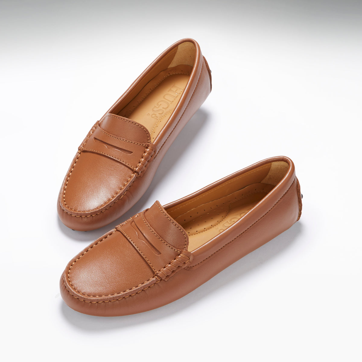 Damskie mokasyny typu penny loafers, skórzane, jasnobrązowe