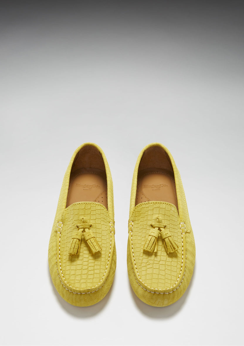 Women's Tasselled Driving Loafers, Yellow Embossed Suede