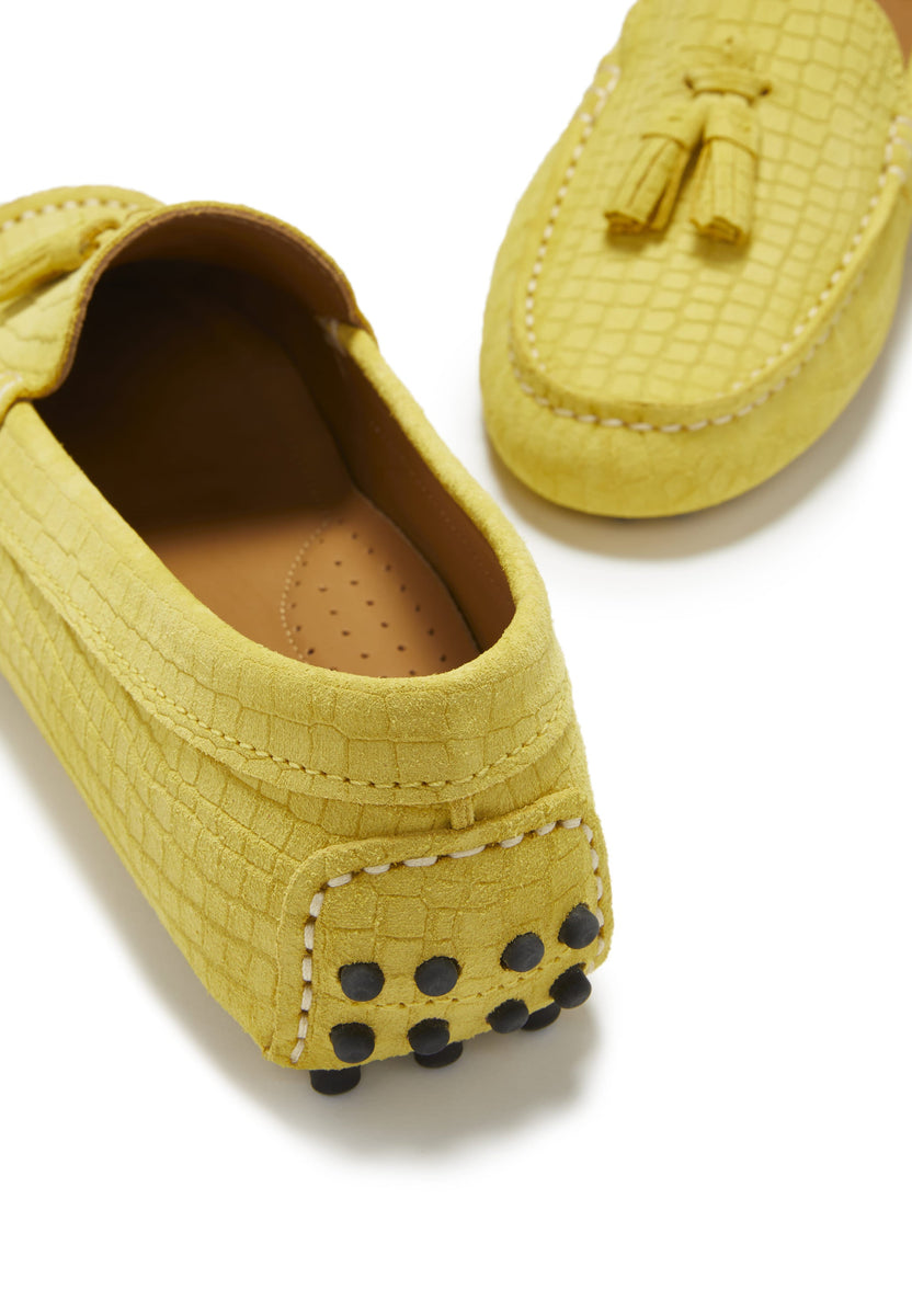 Women's Tasselled Driving Loafers, Yellow Embossed Suede