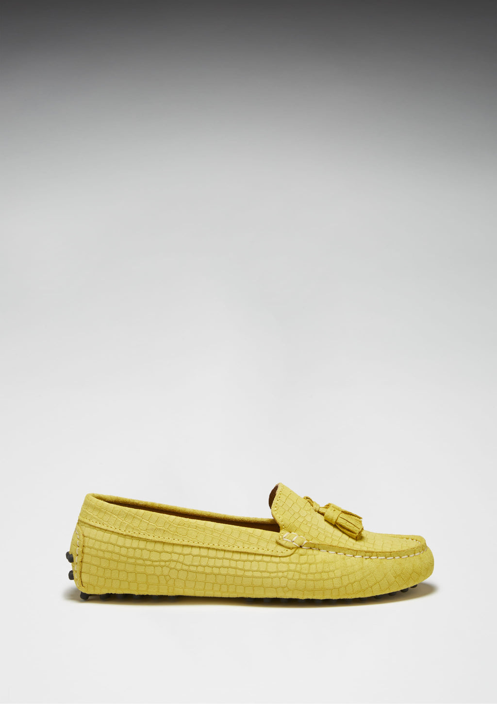 Women's Tasselled Driving Loafers, Yellow Embossed Suede
