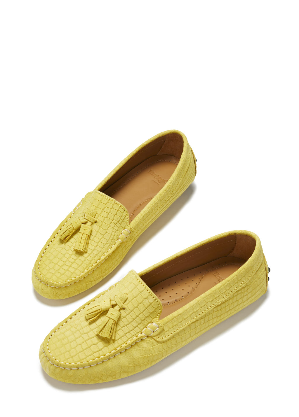 Women's Tasselled Driving Loafers, Yellow Embossed Suede