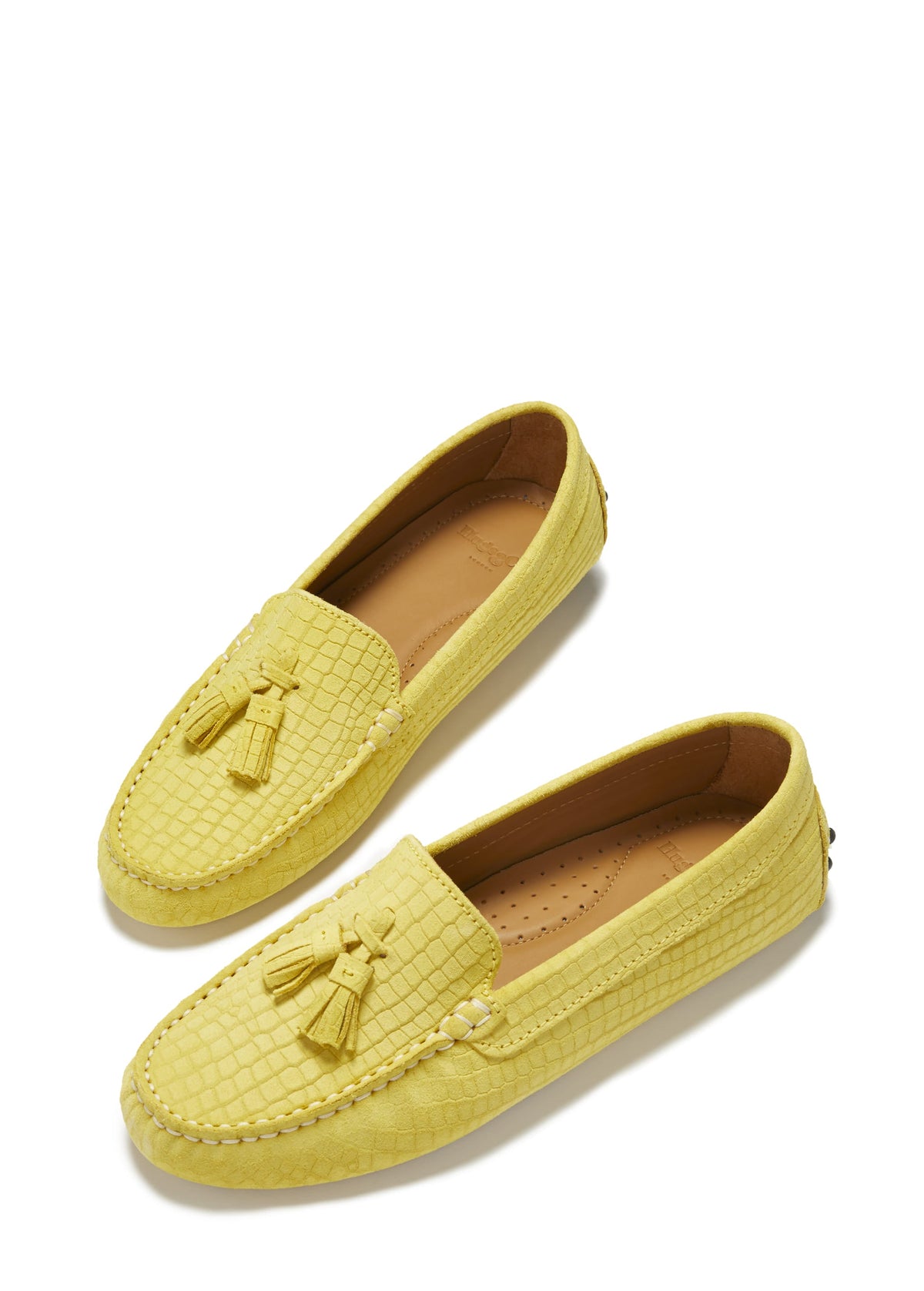 Women's Tasselled Driving Loafers, Yellow Embossed Suede