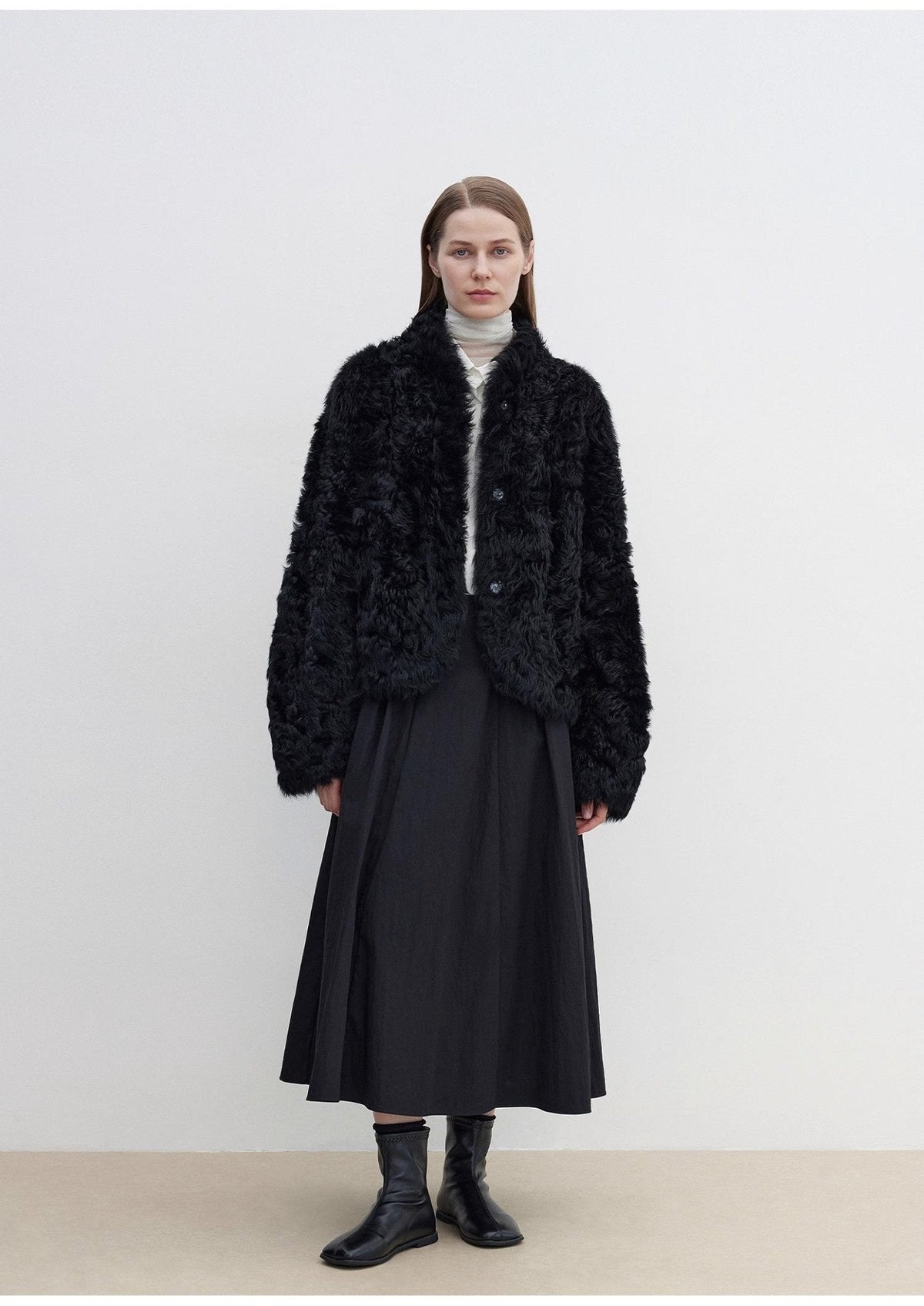 "Yorta" Imported Tuscan Curly Wool Upper Arc Collar Sheepskin Coat