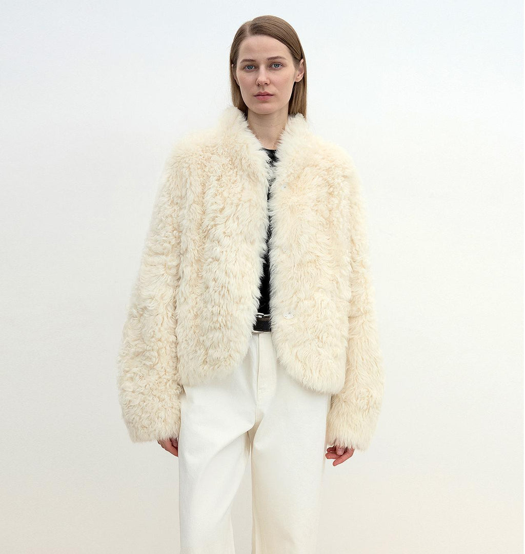 "Yorta" Imported Tuscan Curly Wool Upper Arc Collar Sheepskin Coat